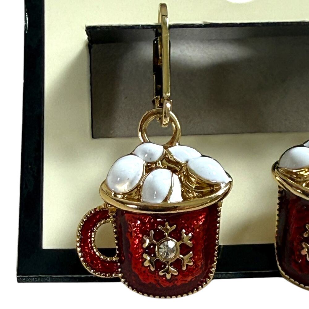 New NAPIER Hot Cocoa Mug Dangle Earrings Red Enamel Marshmallow Snowflake - Picture 4 of 5